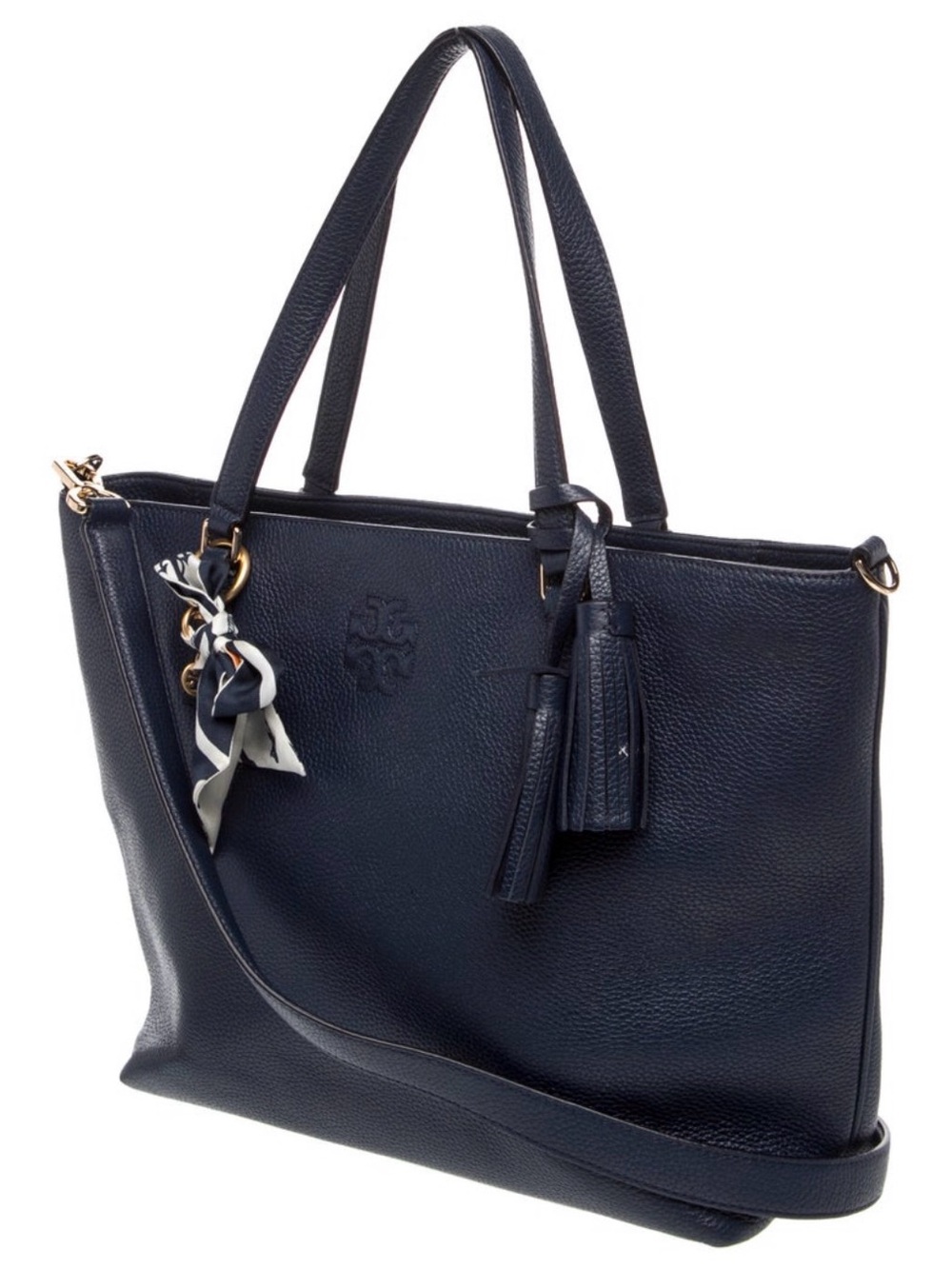 Tory Burch Navy Pebbled Leather Tote with Tassel and Scarf